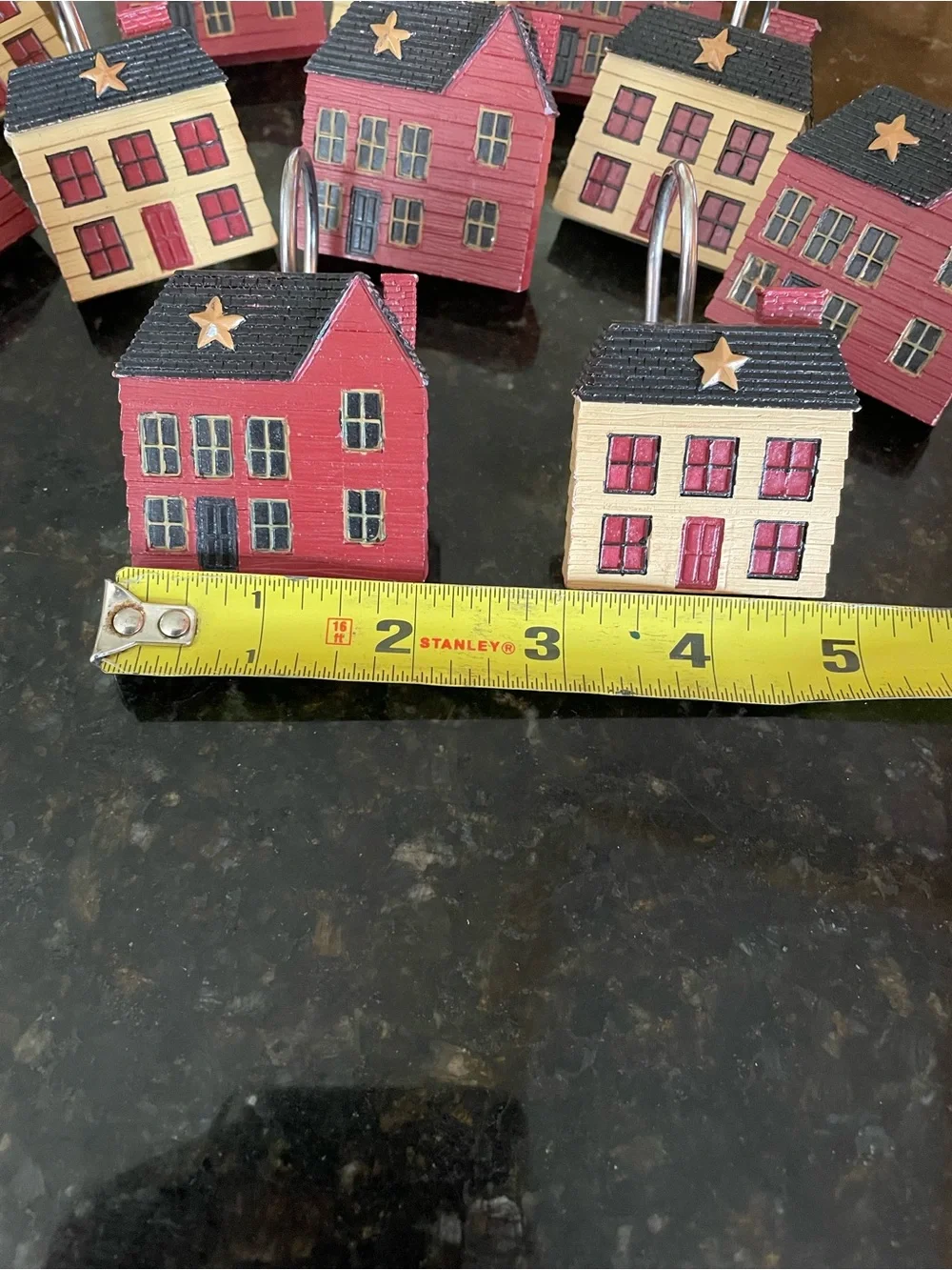 Shower Curtain Hooks - Primitive Distressed-Red Black & Cream Houses - Set of 12